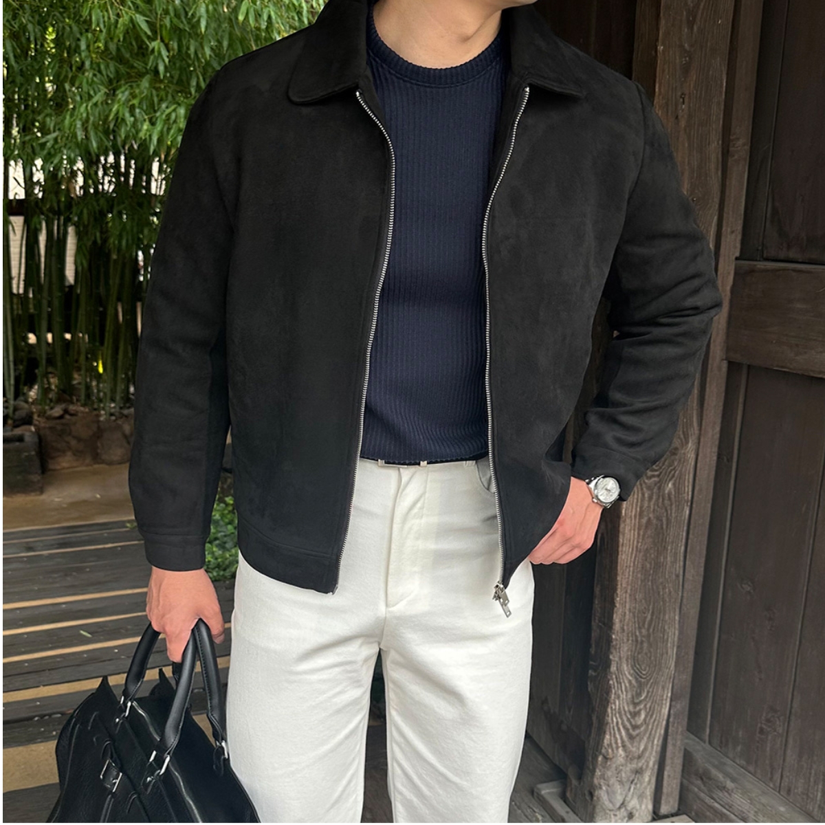 MRDONG韩国男装代购轻熟简洁翻领短裤双向拉链翻毛麂皮绒夹克外套