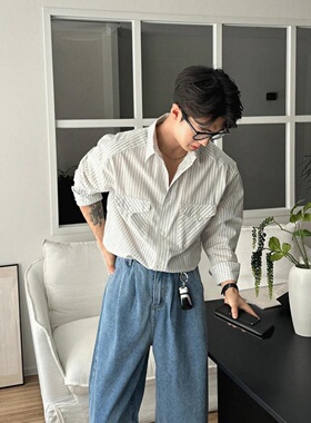 MRDONG韩国代购男装春夏细口袋条纹双袋设计廓形衬衫轻复古气质