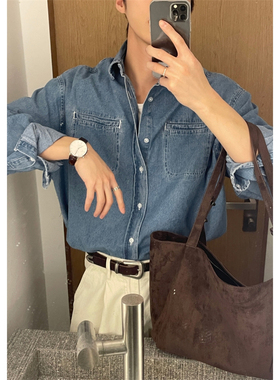MRDONG韩国男装代购LOGAN高品水洗色双口袋轻熟宽松长袖牛仔衬衫