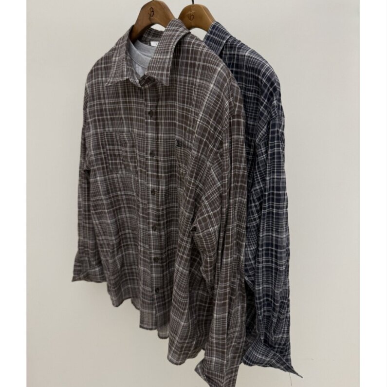 MRDONG韩国代购男装薄款透视格纹衬衫春夏新款慵懒廓形垂感显瘦范