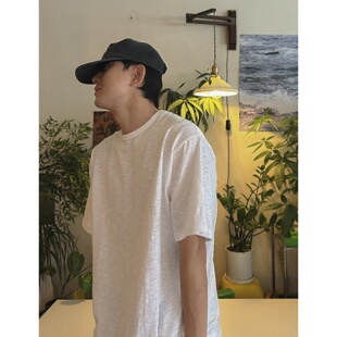 MRDONG韩国代购男装竹节棉纯色短袖T恤宽版圆领百搭水洗廓形半袖