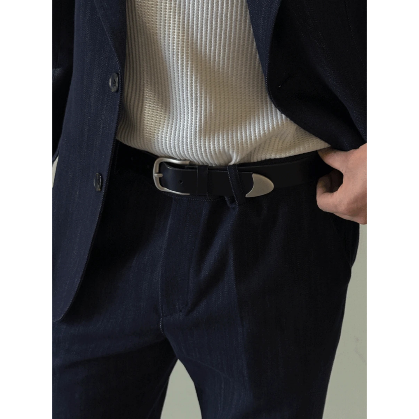 MRDONG韩国代购东大门男装意产牛皮西部腰带银色金属尾扣质感百搭