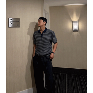 MRDONG韩国代购东大门男装LOGAN条纹翻领针织清爽休闲POLO短袖T恤