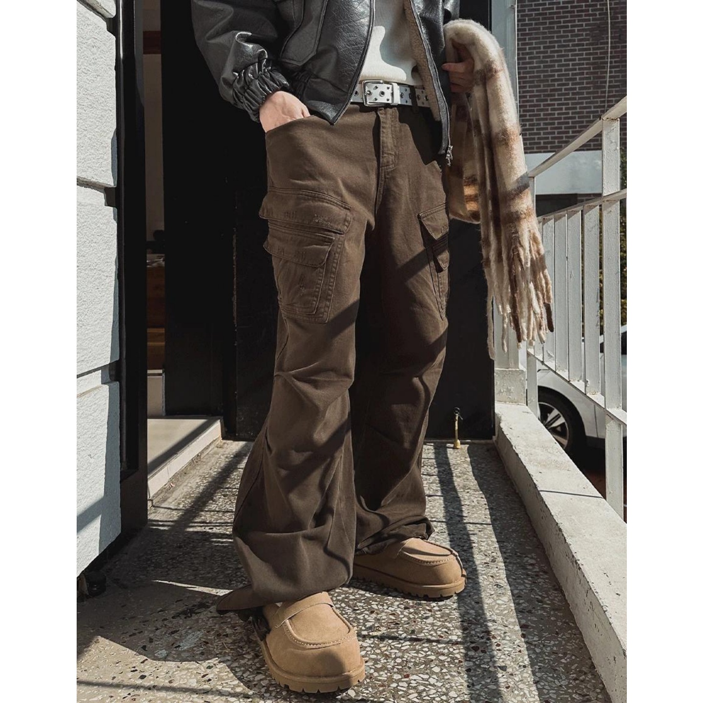 MRDONG韩国代购男装修身多袋工装宽腿立体剪裁硬挺大口袋休闲裤