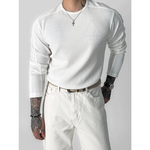 修身 MRDONG韩国代购 短款 纹理华夫格开衩长袖 弹力打底潮衣T恤 男装