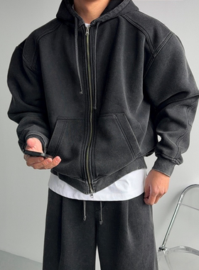 MRDONG韩国代购男装重磅染色连帽拉链卫衣春季宽廓街潮外套设计师