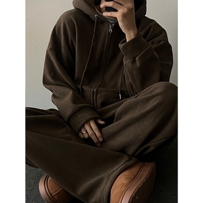 韩国代购加绒休闲连帽开衫两件套