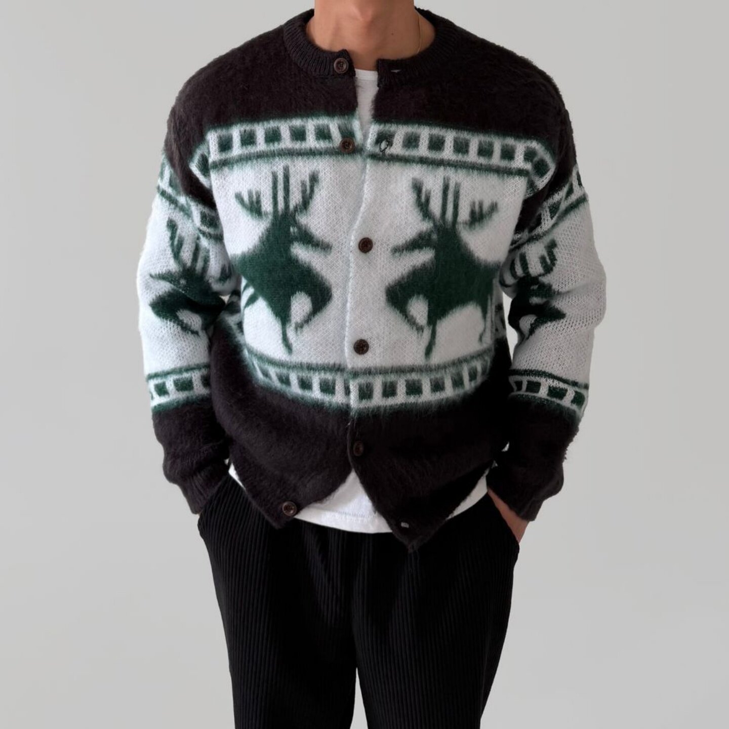 MRDONG韩国代购男装北欧设计师毛衣复古鹿图案针织加厚保暖开衫