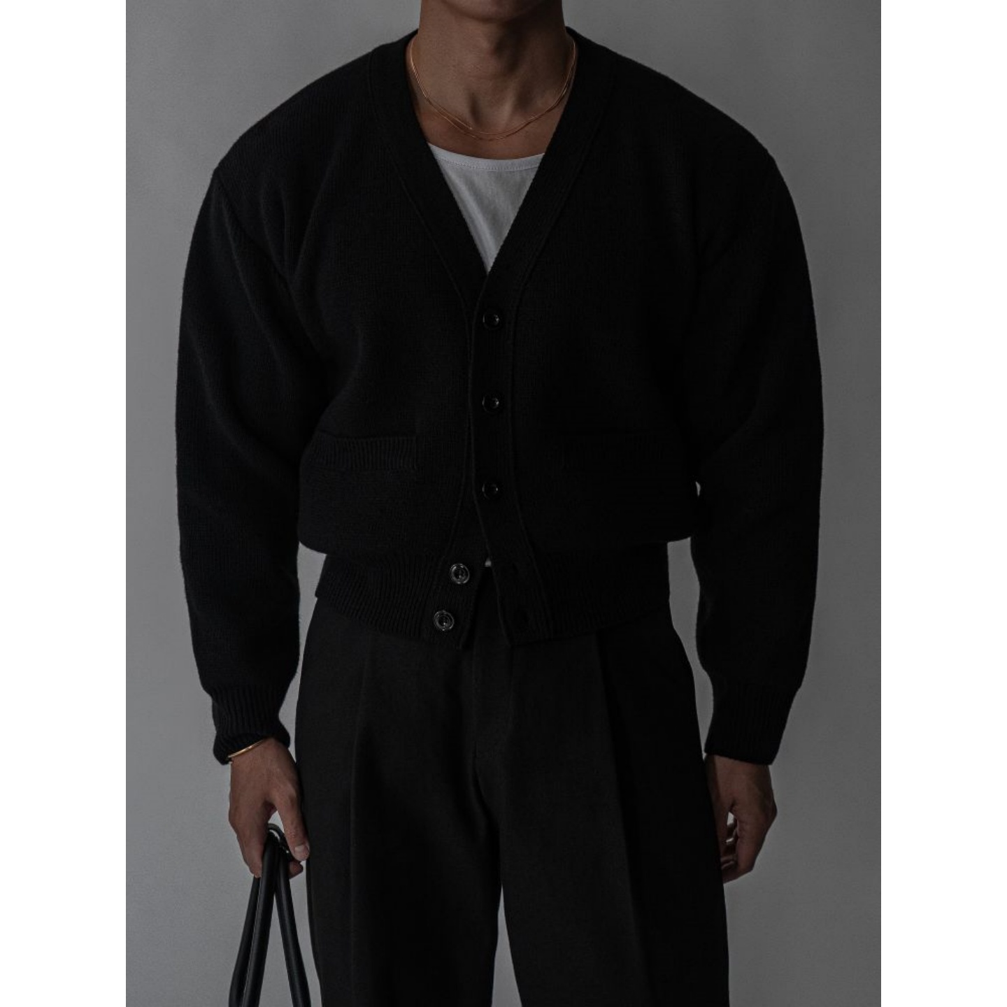 MRDONG韩国男装代购cropped短款设计师V领高密度羊毛混纺针织开衫