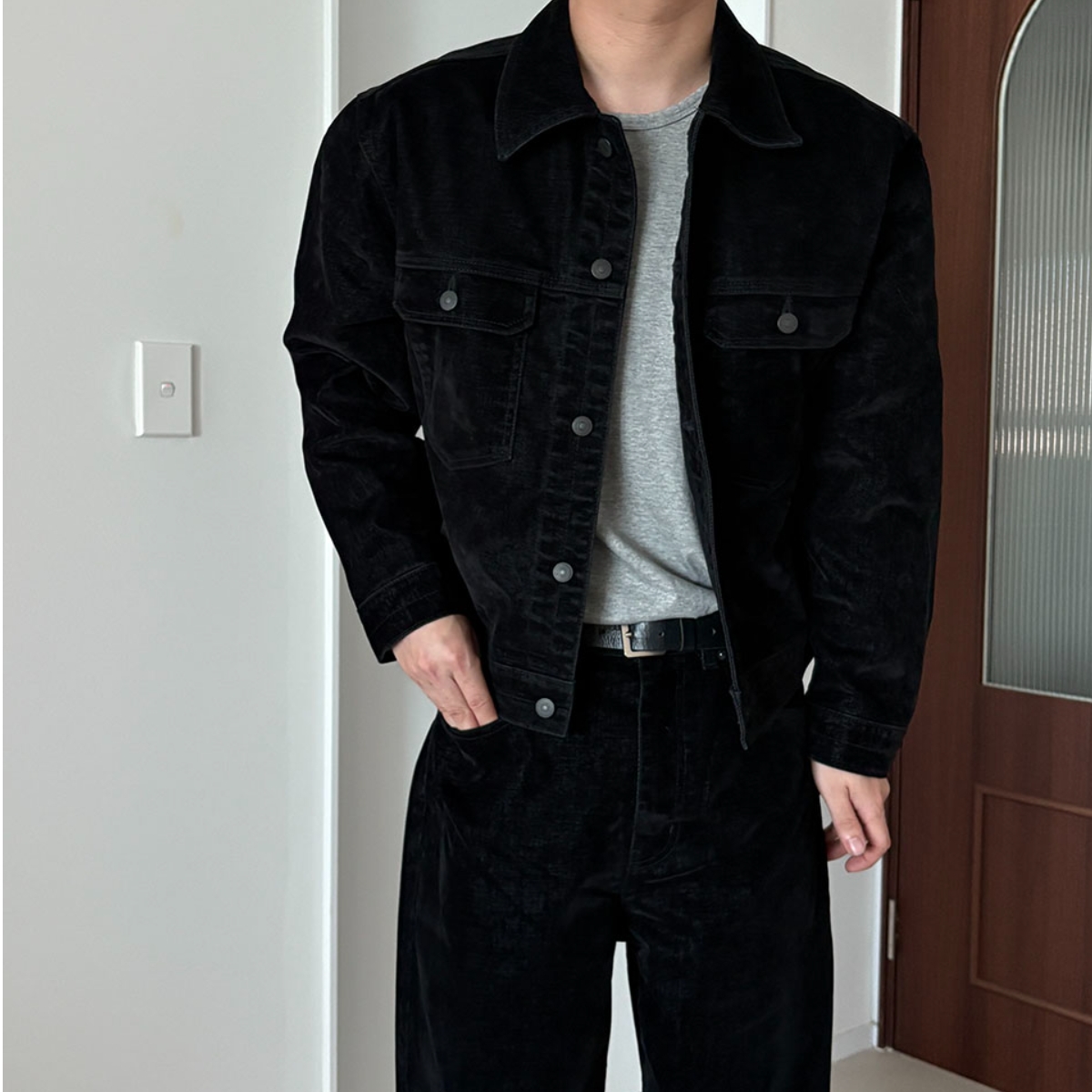 韩国男装高档斜纹天鹅绒丹宁夹克