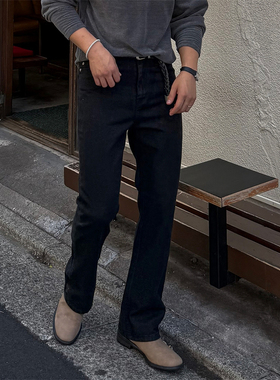 MRDONG韩国男装代购简约百搭allblack显瘦设计直筒微喇黑色牛仔裤