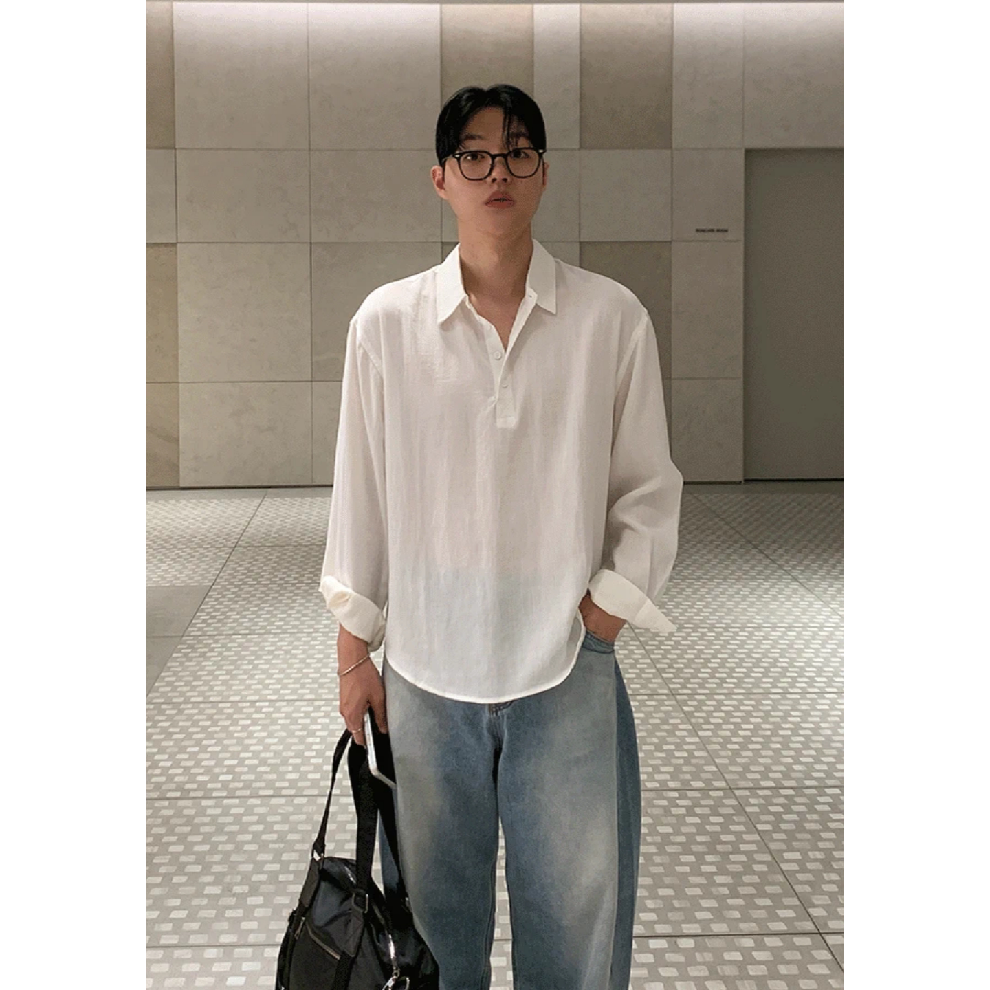 MRDONG韩国代购东大门男装夏季亚麻薄透落肩套头宽松防晒长款衬衫