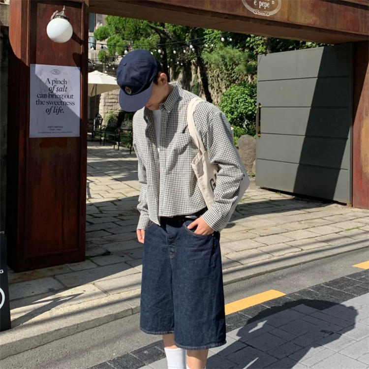 韩国男装格子纹复古风短款衬衫