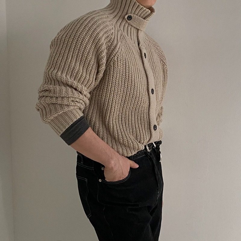 MRDONG韩国代购男装宽松粗针高领纽扣麻花羊毛开衫外套复古冬季