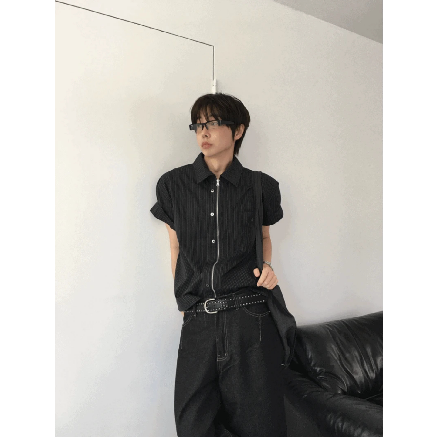 MRDONG韩国代购东大门男装拉链纽扣重工复古格子条纹宽松短袖衬衫