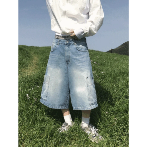 韩国代购工装口袋七分牛仔短裤