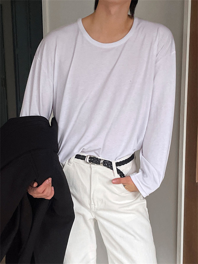 MRDONG韩国男装代购慵懒风纯色顺滑弹力U型圆领打底衫宽松长袖T恤