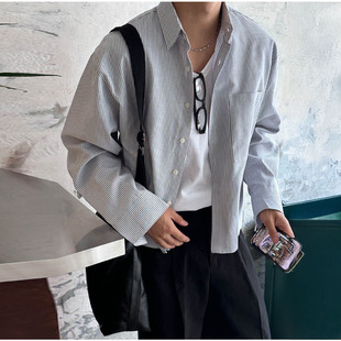 MRDONG韩国男装代购cropped短款条纹休闲单口袋落肩宽松长袖衬衫