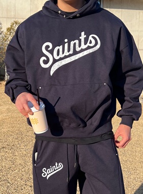 MRDONG韩国代购男装圣徒字母刺绣连帽卫衣宽松廓形街头重工潮流