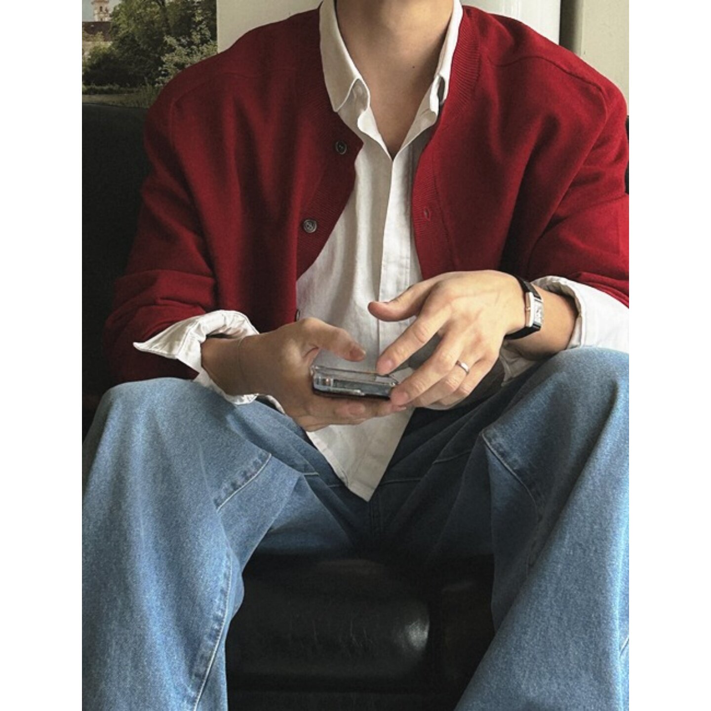 MRDONG韩国代购男装春季轻薄百搭仿羊绒马鞍圆领针织开衫轻暖亲肤