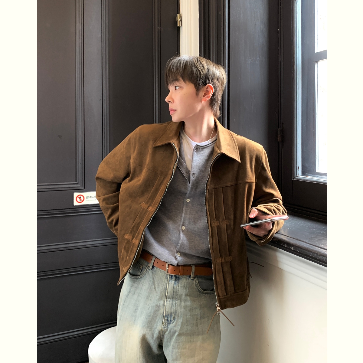 MRDONG韩国男装代购层叠褶皱重工翻毛麂皮绒高品翻领短款夹克外套