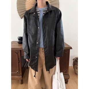 皮夹克宽松街头潮流外套 复古机车皮衣中长款 MRDONG韩国代购 男装