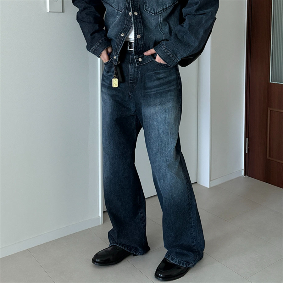 韩国男装磨白水洗复古高品牛仔裤