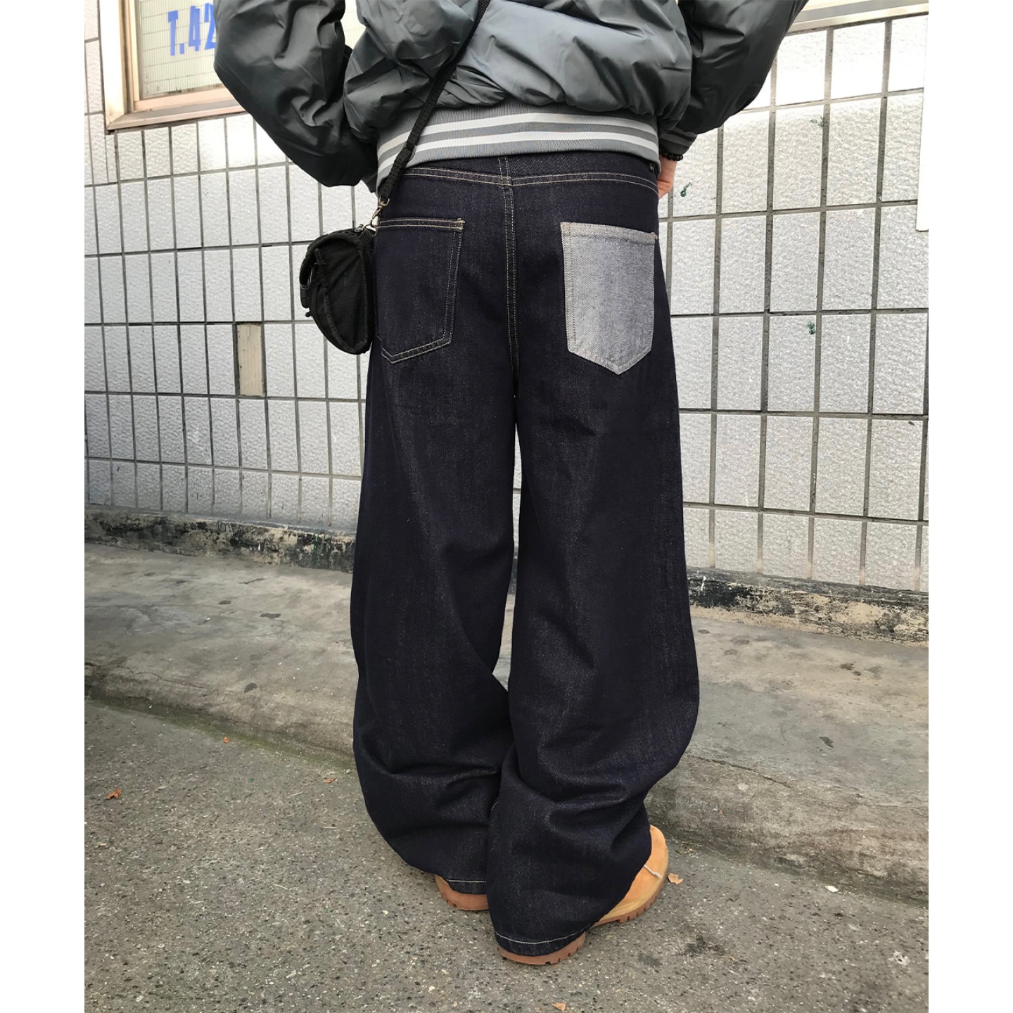 MRDONG韩国代购男女重工腰带设计师丹宁拼色后口袋弧形阔腿牛仔裤