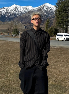 MRDONG韩国男装代购纯棉高品港味雅痞街头条纹设计师宽松长袖衬衫