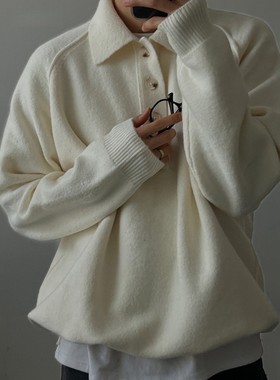 韩国代购男装LOGAN美利奴羊毛翻领大纽扣设计师压线POLO针织毛衣