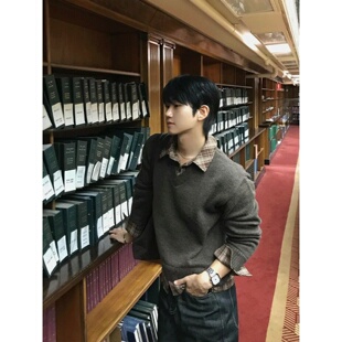 MRDONG韩国代购东大门男装格纹衬衫拼接假两件V领叠穿针织衫毛衣