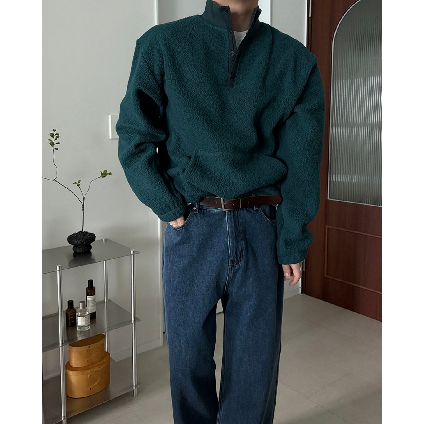 MRDONG韩国代购男装立领半拉链袋鼠口袋抓绒卫衣男宽松保暖休闲款