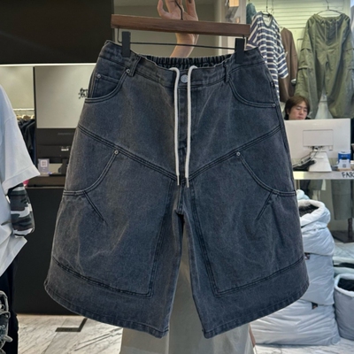韩国代购洗双膝七分牛仔阔腿短裤
