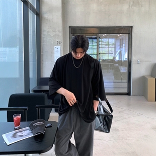 MRDONG韩国男装 T恤 代购 轻薄垂坠感嘻哈街头OVERSIZE落肩五分短袖