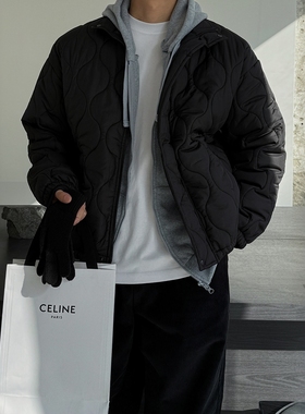 韩国男装代购直播RATO轻量保暖波浪绗缝立领抽绳收腰宽松夹棉外套