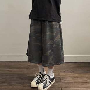 宽松做旧街头五分休闲裤 迷彩毛圈百慕大短裤 男装 MRDONG韩国代购