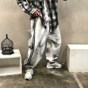 MRDONG韩国代购男装喷染条纹侧边运动休闲裤街头风格宽松廓形设计