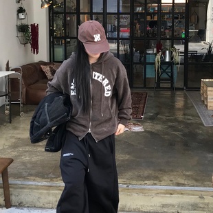 MRDONG韩国代购男女复古天鹅绒拉链连帽短款廓形外套冬季厚实质感