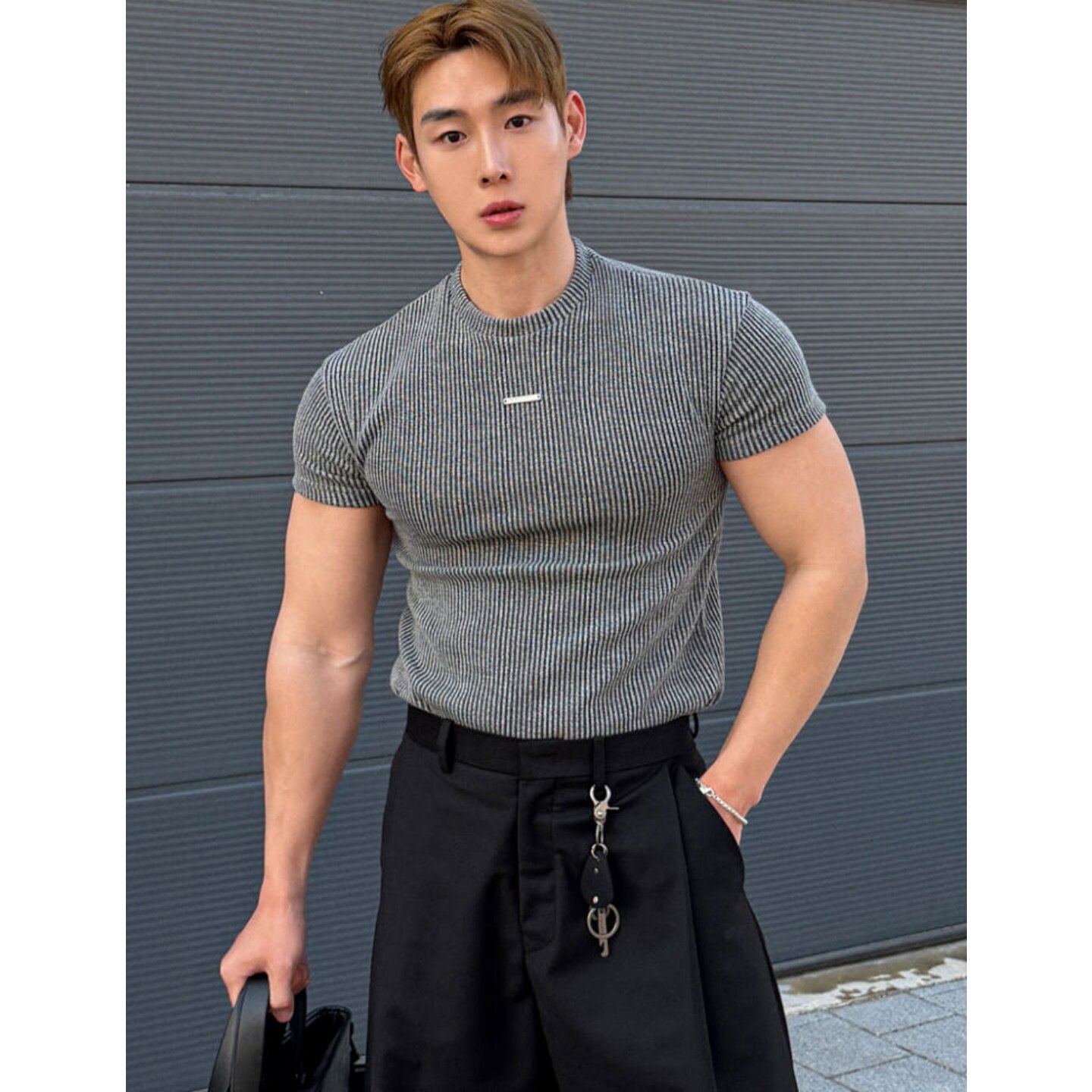 MRDONG韩国代购男装强推天丝罗纹修身肌肉短袖T恤弹力五金装饰潮