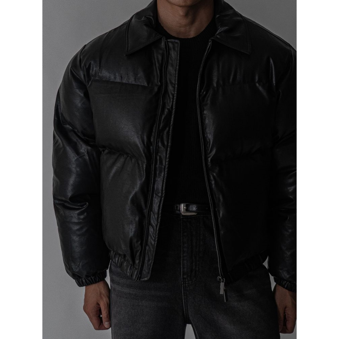 韩国男装PU皮防风褶皱纹理棉服