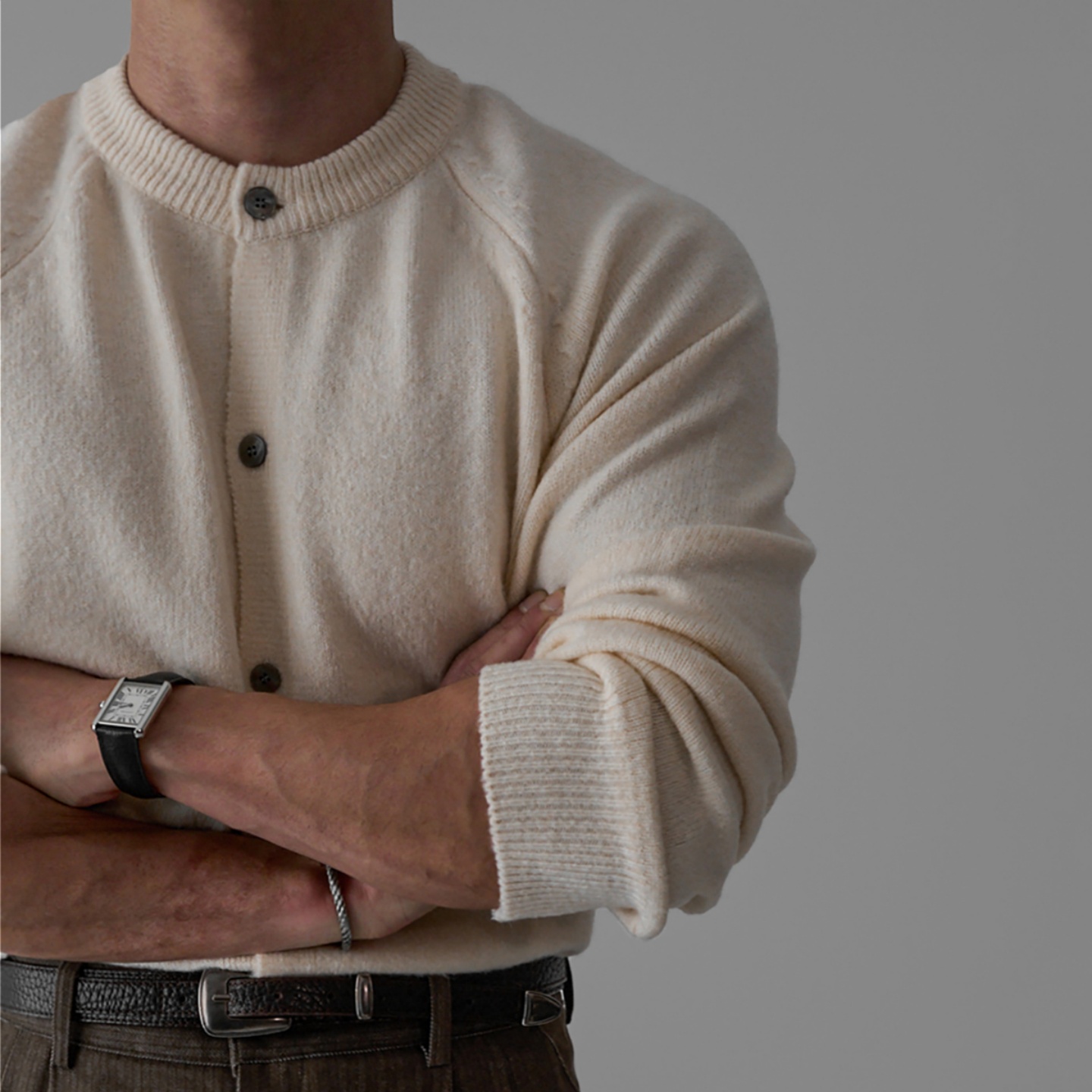 MRDONG韩国男装代购螺纹圆领羊毛混纺亲肤插肩袖休闲针织开衫外套