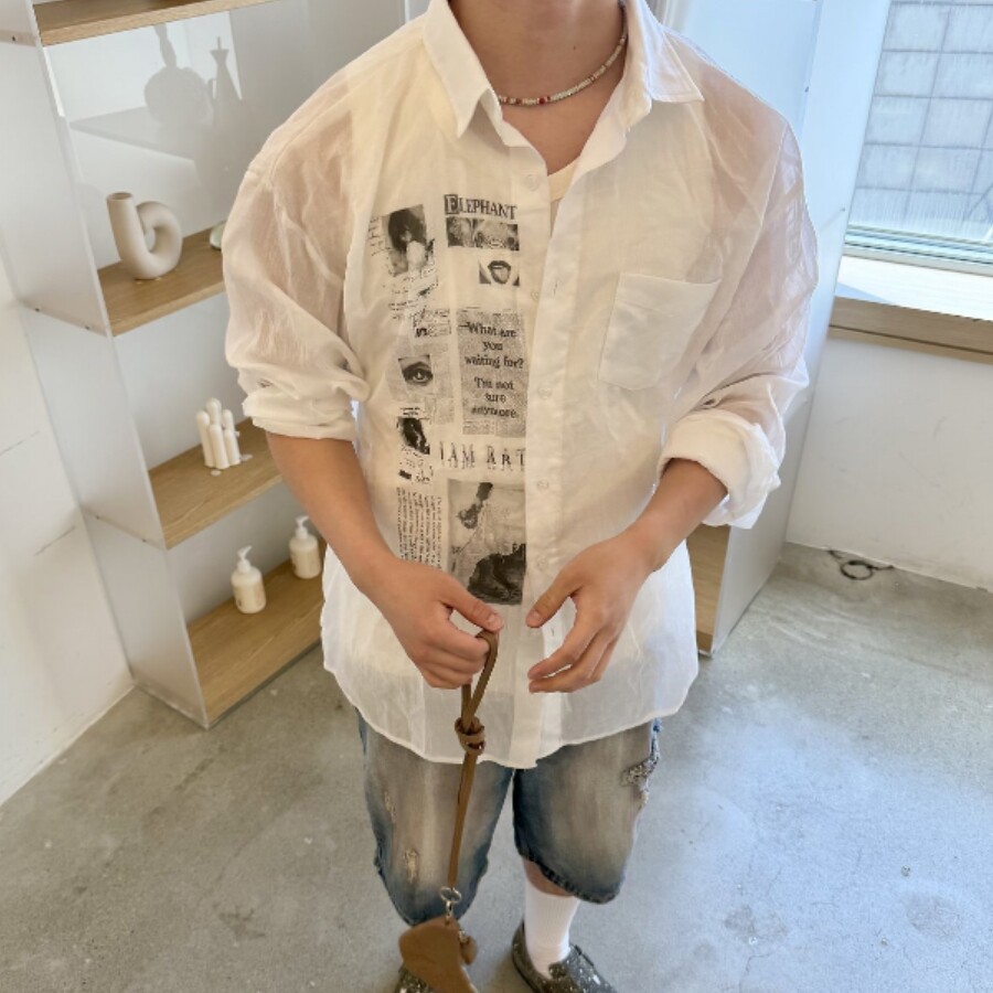 MRDONG韩国代购东大门男装艺术拼贴轻薄衬衫象印图文白色夏季防晒
