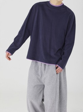 韩国代购直播男女Woogie纯棉磨毛假两件撞色秋冬亲肤打底长袖T恤