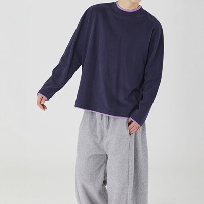 韩国代购纯棉磨毛假两件长袖T恤