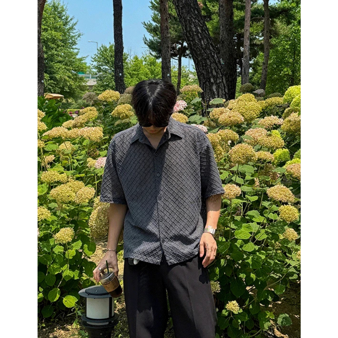 MRDONG韩国代购东大门男装钻石蕾丝透视镂空高级小众宽松短袖衬衫
