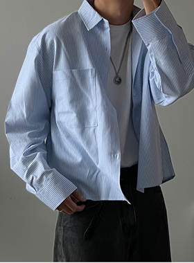 MRDONG韩国男装代购cropped时尚短款清新条纹单口袋宽松长袖衬衫