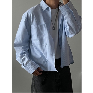 MRDONG韩国男装代购cropped时尚短款清新条纹单口袋宽松长袖衬衫