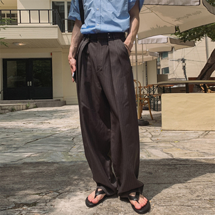MRDONG韩国男装 代购 重工复古挂钩双掐褶港风雅痞条纹阔腿休闲西裤