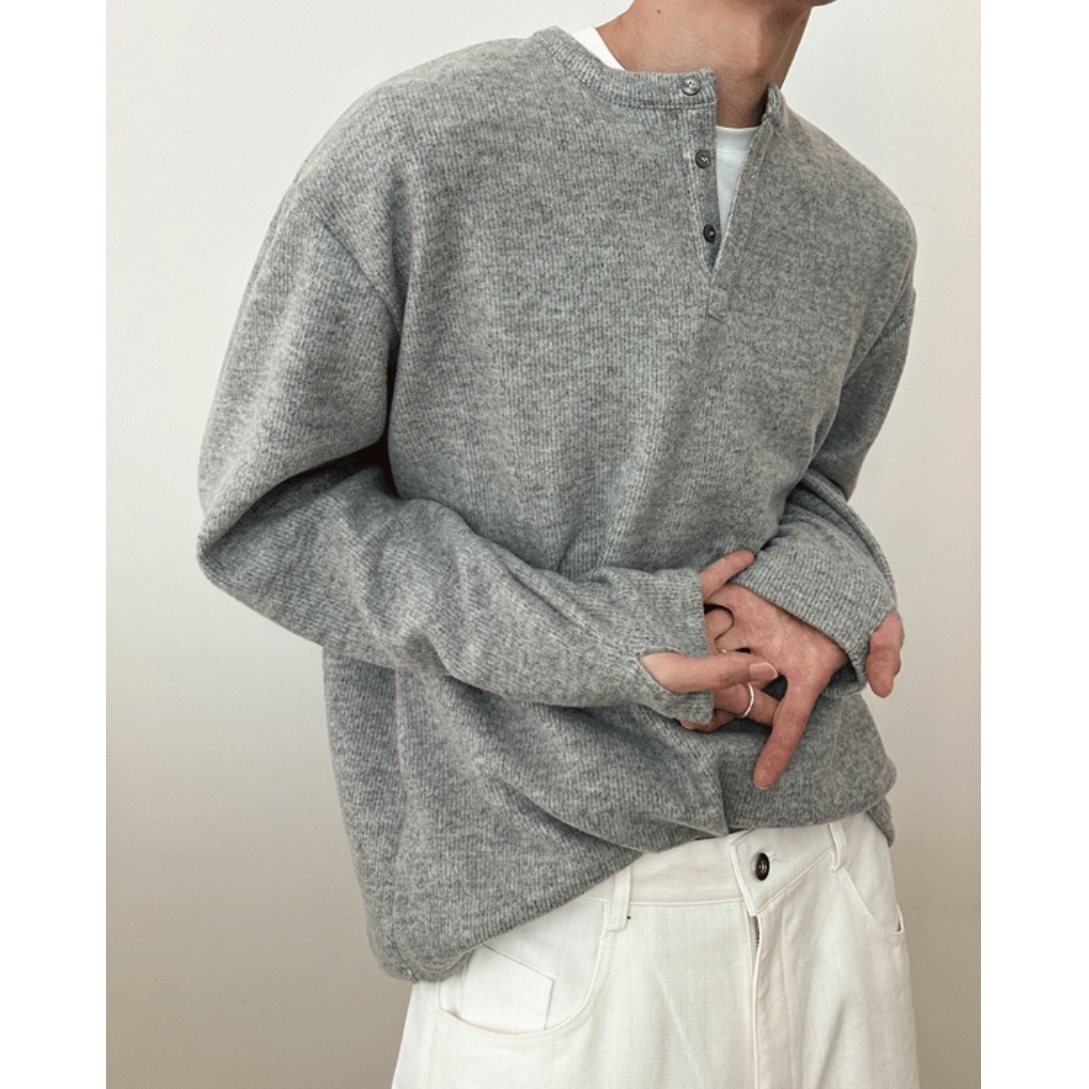 韩国男装亨利领百搭针织长袖T恤