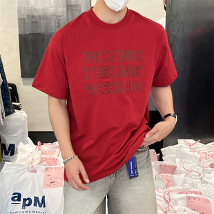 韩国代购 T恤 直播重工棉质减龄潮流英文印花街头设计宽松男女短袖